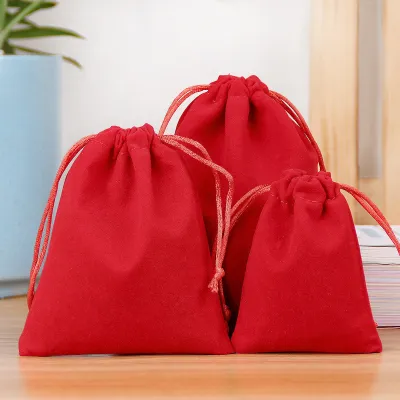Simple Solid Color Flannel Jewelry Storage Drawstring Bag