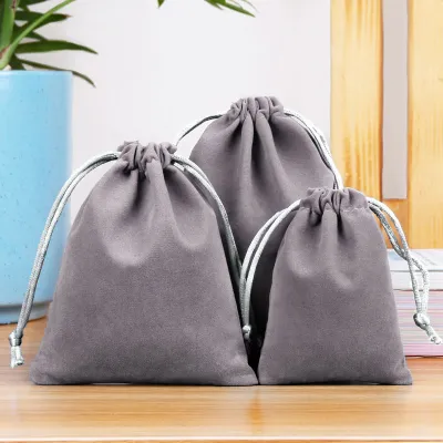 Simple Solid Color Flannel Jewelry Storage Drawstring Bag