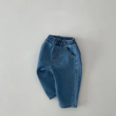 Kids Baby Boys Girls Fashion Casual Basic All-Match Solid Color Jeans Cotton Long Mid-Waist Neutral
