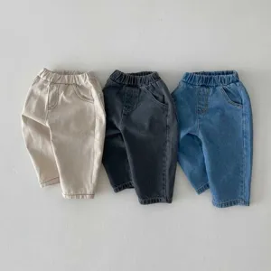 Kids Baby Boys Girls Fashion Casual Basic All-Match Solid Color Jeans Cotton Long Mid-Waist Neutral