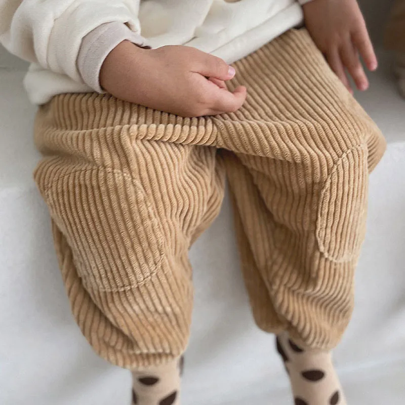 Kids Baby Boys Girls Spring Autumn Casual Basic All-Match Corduroy Solid Color Trousers Mid-Waist Cotton Long Pants