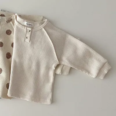 Kids Baby Boys Girls Casual Cute Stripe Polka Dot Waffle Long Sleeve Round Neck T-Shirt