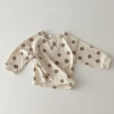 Kids Baby Boys Girls Casual Cute Stripe Polka Dot Waffle Long Sleeve Round Neck T-Shirt