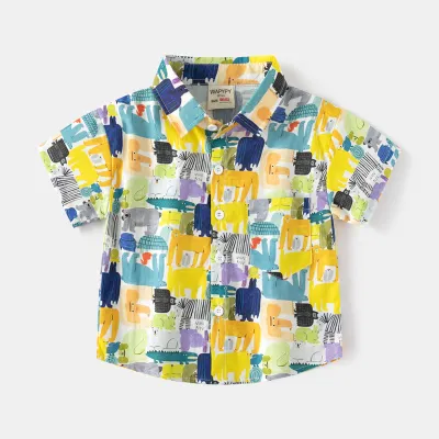 Kids Toddler Boys Fashion Casual Cartoon Print Short Sleeve Square Collar Shirt