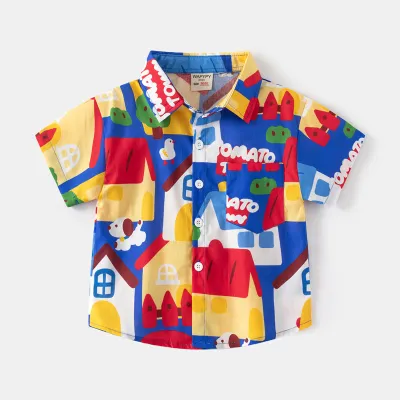 Kids Toddler Boys Fashion Casual Cartoon Print Short Sleeve Square Collar Shirt