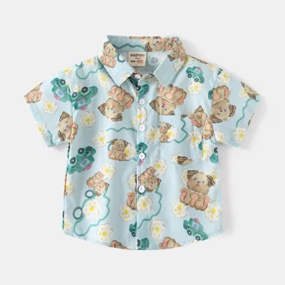 Kids Toddler Boys Fashion Casual Cartoon Print Short Sleeve Square Collar Shirt