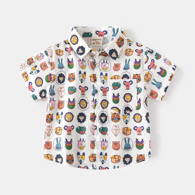Kids Toddler Boys Fashion Casual Cartoon Print Short Sleeve Square Collar Shirt