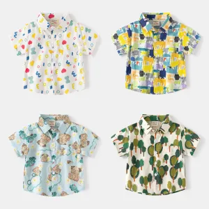 Kids Toddler Boys Fashion Casual Cartoon Print Short Sleeve Square Collar Shirt