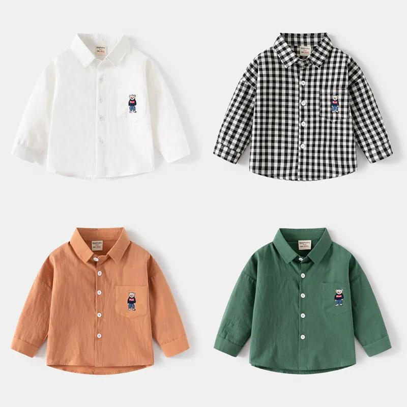 Kids Toddler Boys Fashion Casual Cute Cartoon Bear Print Long Sleeve Lapel Shirt