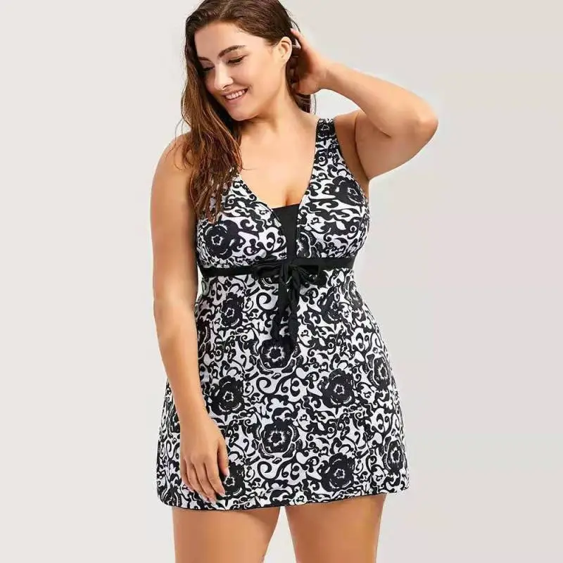 Women Plus Size Sexy Floral Print No Collar Tankini Swimwear