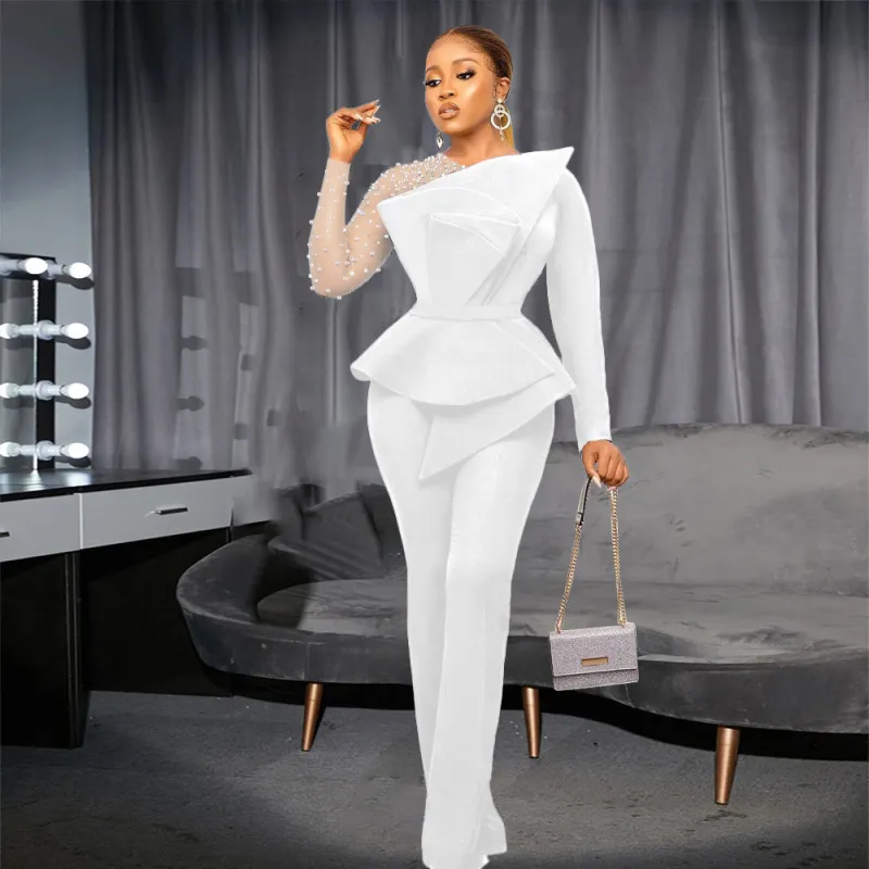 Women Fashion Elegant Mesh Stitching Beaded Long Sleeve Dress Jumpsuit