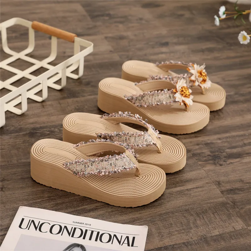 Women Fashion Casual Bohemian Imitation Straw Rope Wedge Heel Slippers