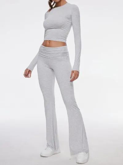 Women Simple Solid Color Round Neck Long Sleeve Crop Top Flared Pants Set