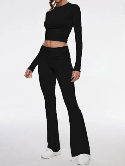Women Simple Solid Color Round Neck Long Sleeve Crop Top Flared Pants Set