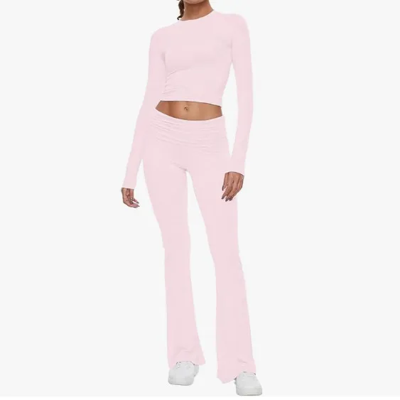 Women Simple Solid Color Round Neck Long Sleeve Crop Top Flared Pants Set