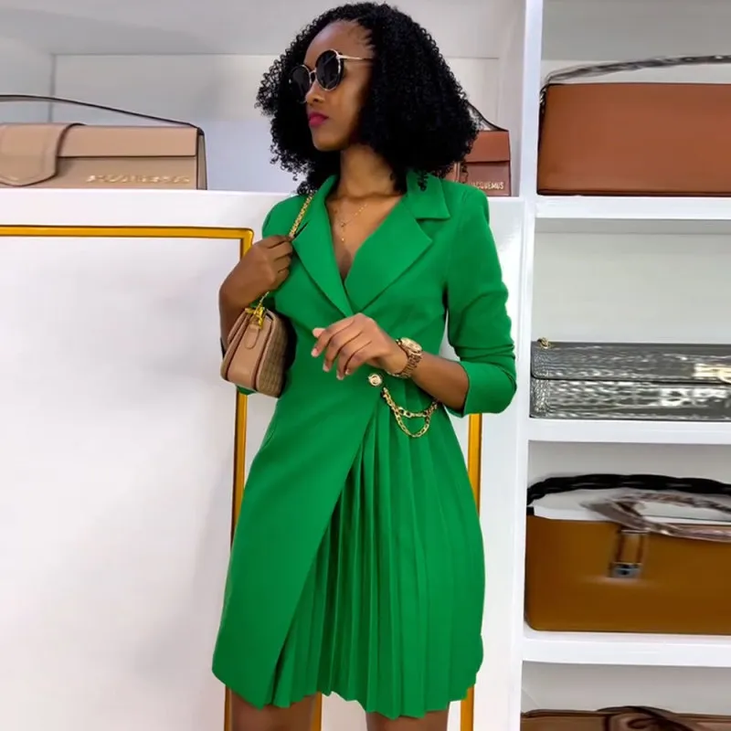 Women Fashion Solid Color Tight Waist Pleated Blazer Dress