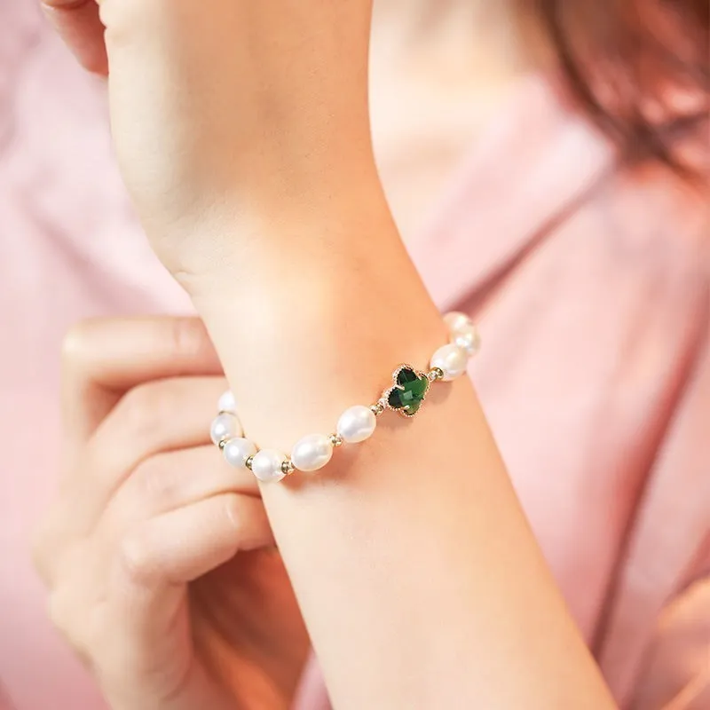 St.Patrick Day Women Fashion Freshwater Pearl Four-Leaf Clover Beaded Bracelet
