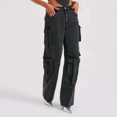 Women Fashion Straight Multi-Pocket Cargo Pants Jeans