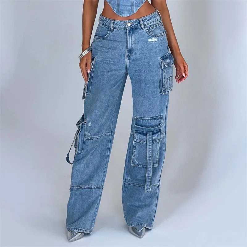 Women Fashion Straight Multi-Pocket Cargo Pants Jeans