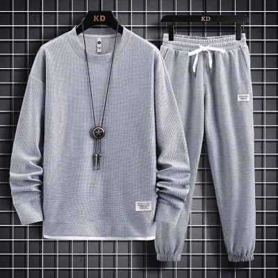 Men's Spring Autumn Fashion Casual Solid Waffle Knit Plus Size Long Sleeve Round Neck Sweatshirts Trousers Set