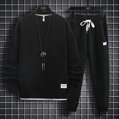 Men's Spring Autumn Fashion Casual Solid Waffle Knit Plus Size Long Sleeve Round Neck Sweatshirts Trousers Set