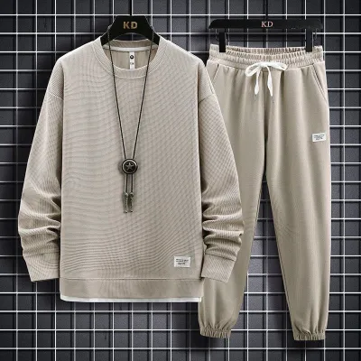 Men's Spring Autumn Fashion Casual Solid Waffle Knit Plus Size Long Sleeve Round Neck Sweatshirts Trousers Set
