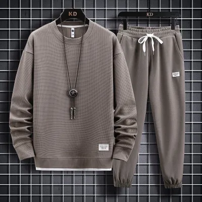 Men's Spring Autumn Fashion Casual Solid Waffle Knit Plus Size Long Sleeve Round Neck Sweatshirts Trousers Set