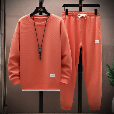 Men's Spring Autumn Fashion Casual Solid Waffle Knit Plus Size Long Sleeve Round Neck Sweatshirts Trousers Set