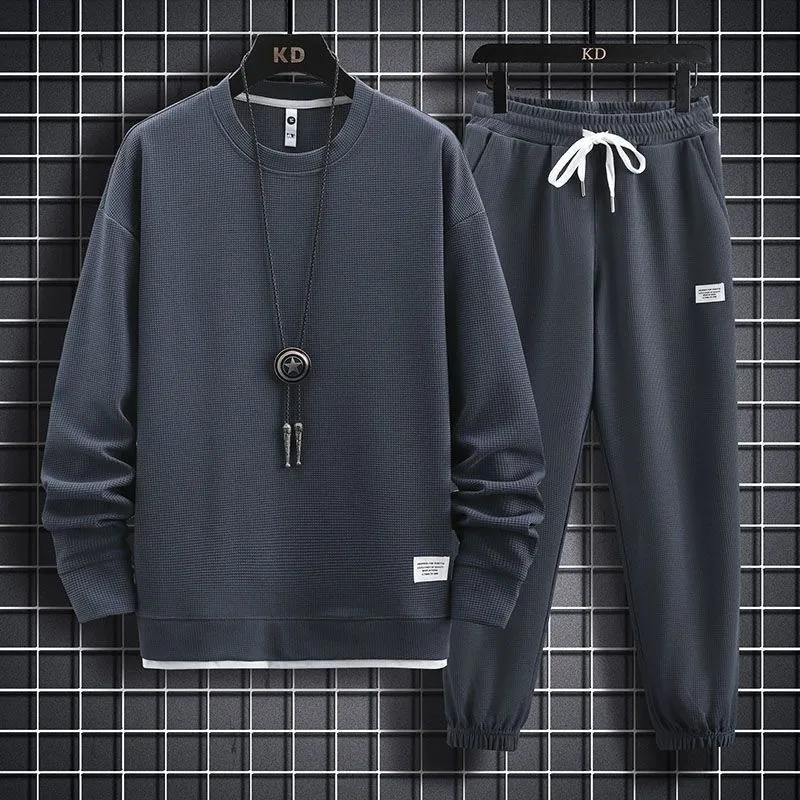 Men's Spring Autumn Fashion Casual Solid Waffle Knit Plus Size Long Sleeve Round Neck Sweatshirts Trousers Set