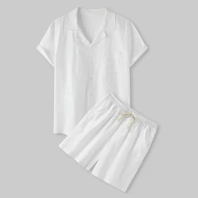 Men Fashion Casual Basic Solid Color Short Sleeve Lapel Shirt Shorts Set