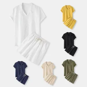 Men Fashion Casual Basic Solid Color Short Sleeve Lapel Shirt Shorts Set