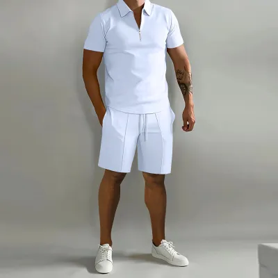 Men Casual Sport Basic Solid Color Short Sleeve Lapel Zipper Polo Shirt Shorts Set