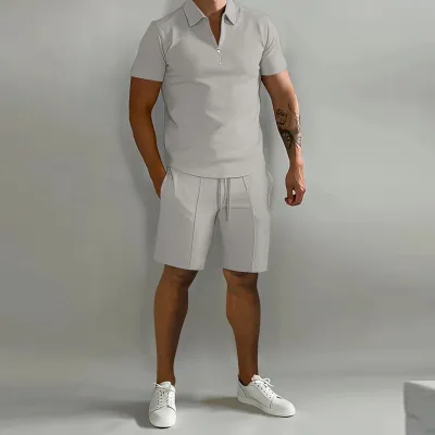 Men Casual Sport Basic Solid Color Short Sleeve Lapel Zipper Polo Shirt Shorts Set