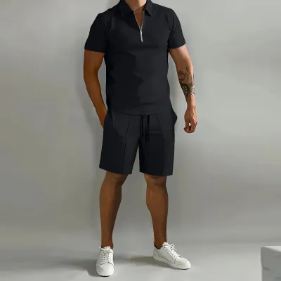 Men Casual Sport Basic Solid Color Short Sleeve Lapel Zipper Polo Shirt Shorts Set
