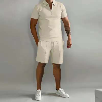 Men Casual Sport Basic Solid Color Short Sleeve Lapel Zipper Polo Shirt Shorts Set