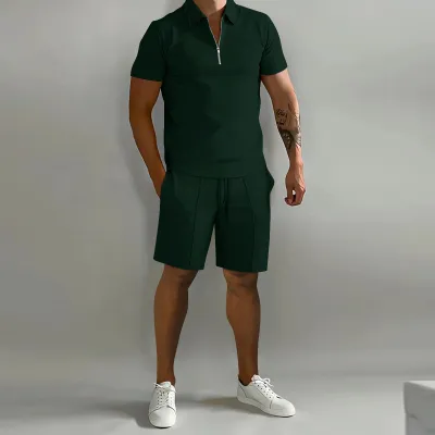 Men Casual Sport Basic Solid Color Short Sleeve Lapel Zipper Polo Shirt Shorts Set