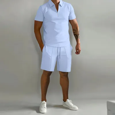 Men Casual Sport Basic Solid Color Short Sleeve Lapel Zipper Polo Shirt Shorts Set