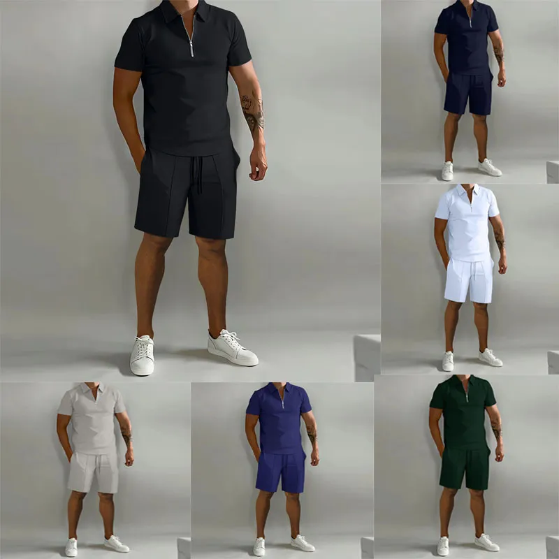 Men Casual Sport Basic Solid Color Short Sleeve Lapel Zipper Polo Shirt Shorts Set