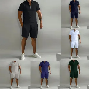 Men Casual Sport Basic Solid Color Short Sleeve Lapel Zipper Polo Shirt Shorts Set