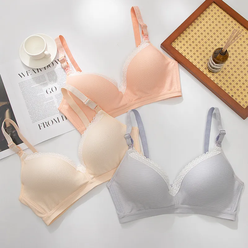 Breastfeeding Nursing Cross-Type Maternity Bra with Stripe Lace-Edge Simple Comfortable Non-Steel Rings Gathering