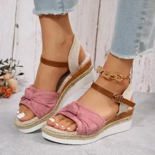 Women's Plus Size Casual Bow String Thick-Soled Sandals with Peep Toe