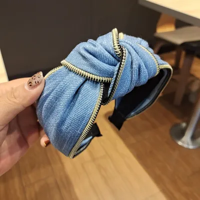 Denim Fabric Knot Wide-Brimmed Headbands for Women