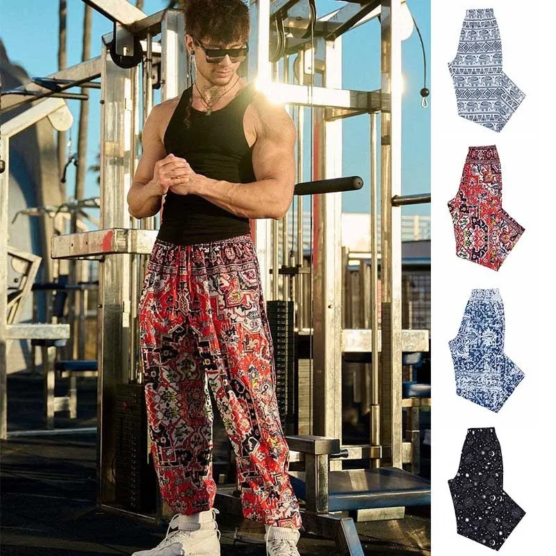Men Fashion Casual Sports Tiny Flower Print Straight Pants