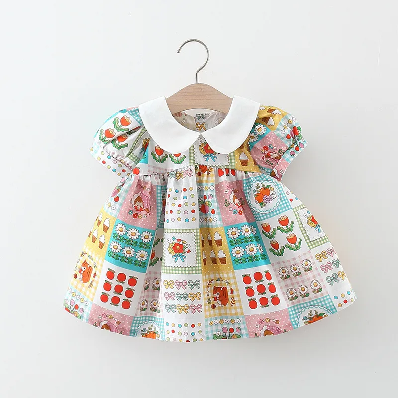 Kids Baby Girls Casual Cute Cartoon Floral Short Sleeve Peter Pan Collar Princess Dress