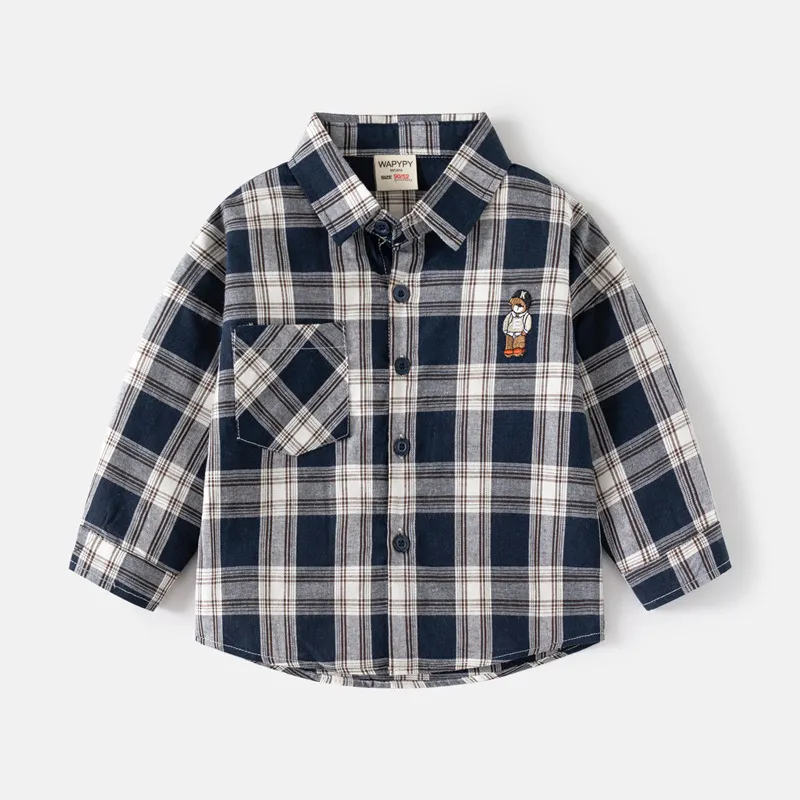 Kids Toddler Boys Cute Bear Pattern Stripe Long Sleeve Lapel Casual Cotton Plaid Shirt