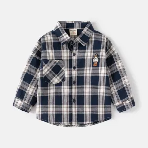 Kids Toddler Boys Cute Bear Pattern Stripe Long Sleeve Lapel Casual Cotton Plaid Shirt