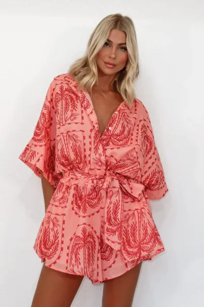 Summer Women Geometric Print Short Sleeve Lace-Up Rompers