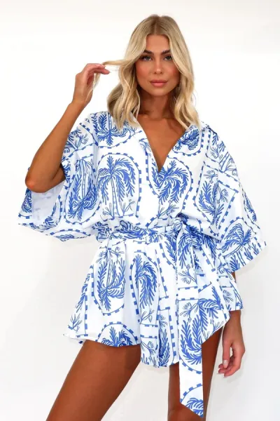 Summer Women Geometric Print Short Sleeve Lace-Up Rompers