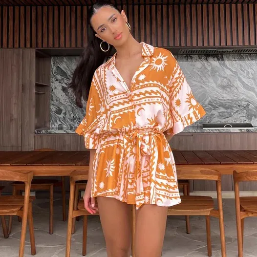 Summer Women Geometric Print Short Sleeve Lace-Up Rompers