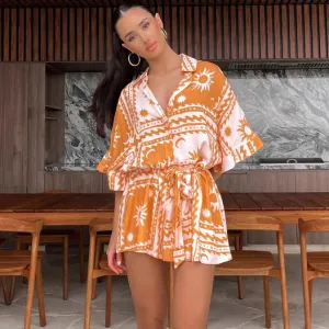 Summer Women Geometric Print Short Sleeve Lace-Up Rompers